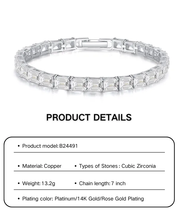 سوار سلسلة تنس من الزركونيا المكعبة مطلي - Tennis Chain Bracelet CZ Rhodium Plated