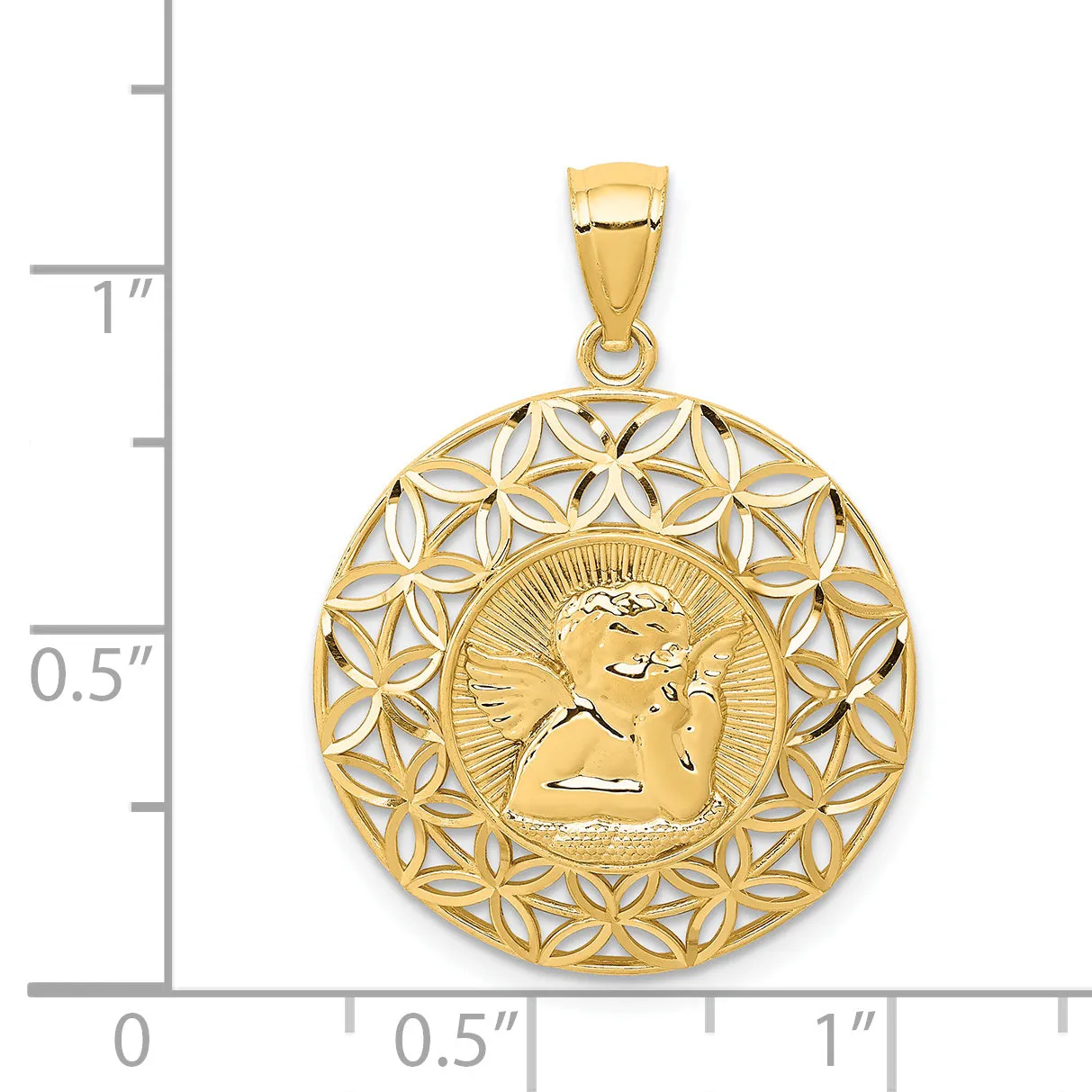 14K Gold Polished Angel Medal Pendant with Diamond-Cut Detailing  28mm