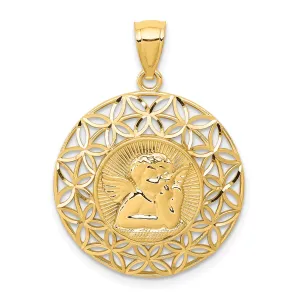14K Gold Polished Angel Medal Pendant with Diamond-Cut Detailing  28mm