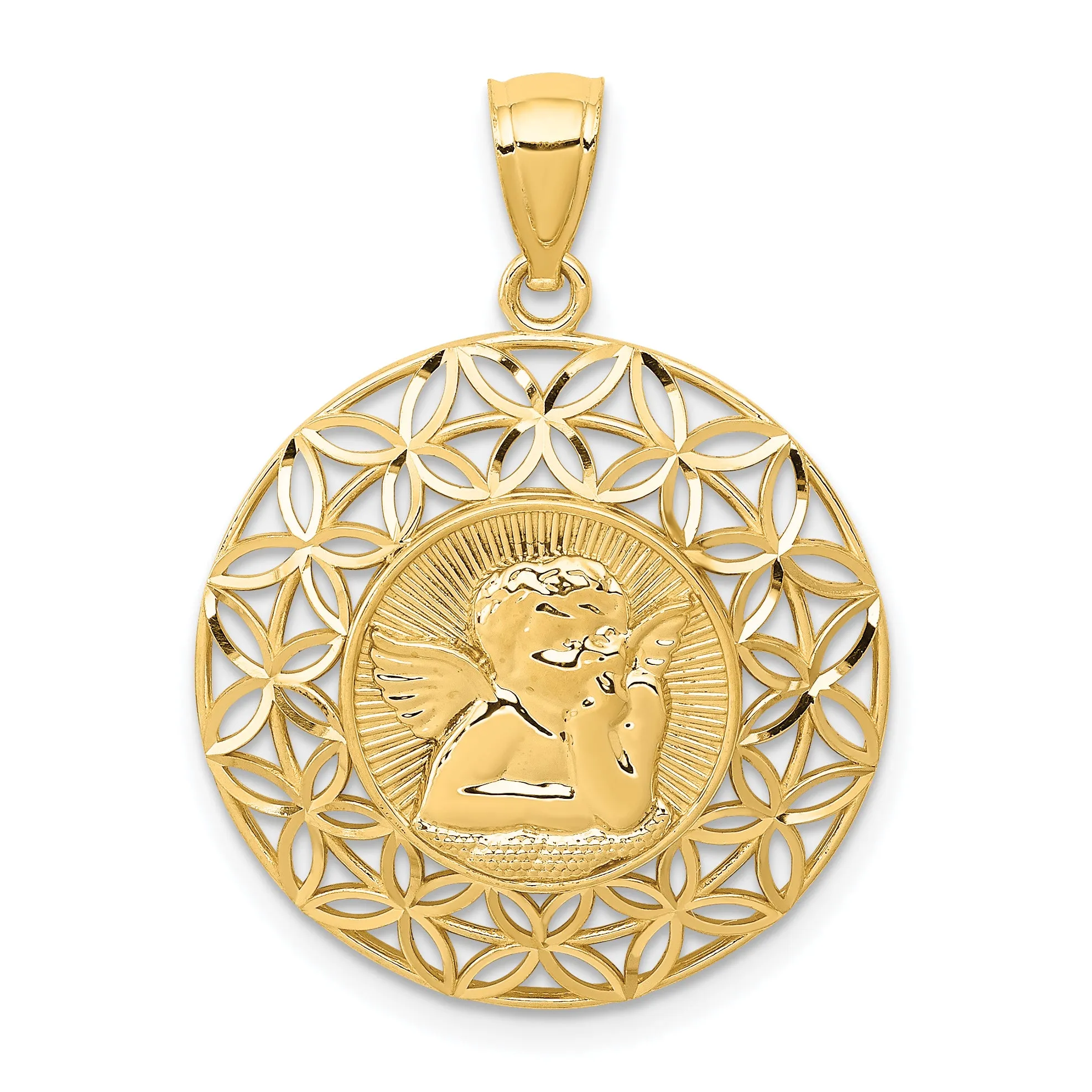 14K Gold Polished Angel Medal Pendant with Diamond-Cut Detailing  28mm