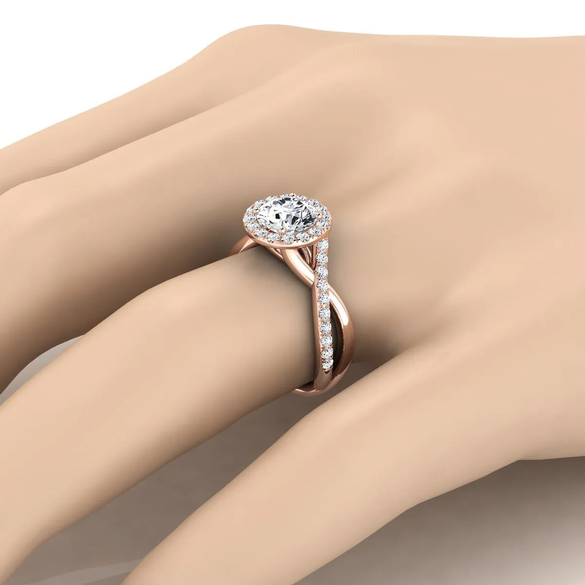 14K Rose Gold Round Brilliant Diamond Twisted Vine Halo Engagement Ring -1/2ctw