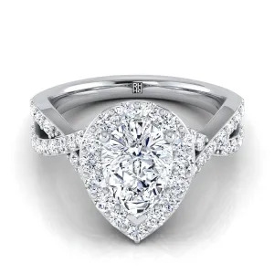 14K White Gold Pear Shape Center Twisted Open Lattice Diamond Halo Engagement Ring -3/4ctw