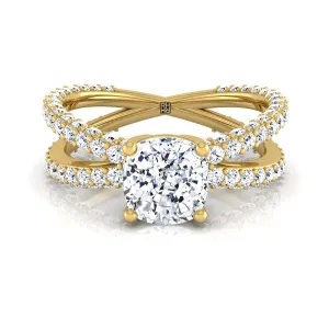 14K Yellow Gold Cushion Open Diamond Pave Criss Cross Engagement Ring -1-1/3ctw