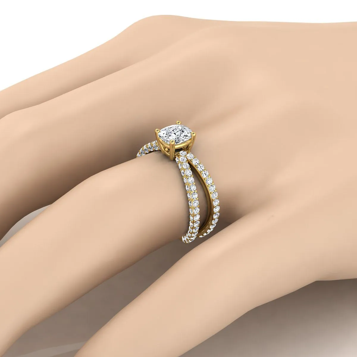 14K Yellow Gold Cushion Open Diamond Pave Criss Cross Engagement Ring -1-1/3ctw