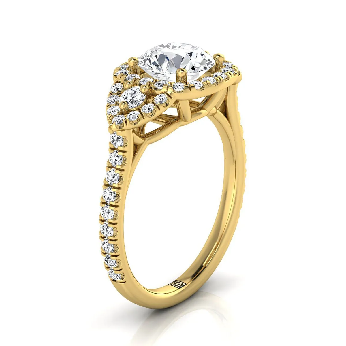 14K Yellow Gold Round Brilliant Diamond Delicate Three Stone Halo Pave Engagement Ring -5/8ctw