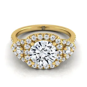 14K Yellow Gold Round Brilliant Diamond Delicate Three Stone Halo Pave Engagement Ring -5/8ctw