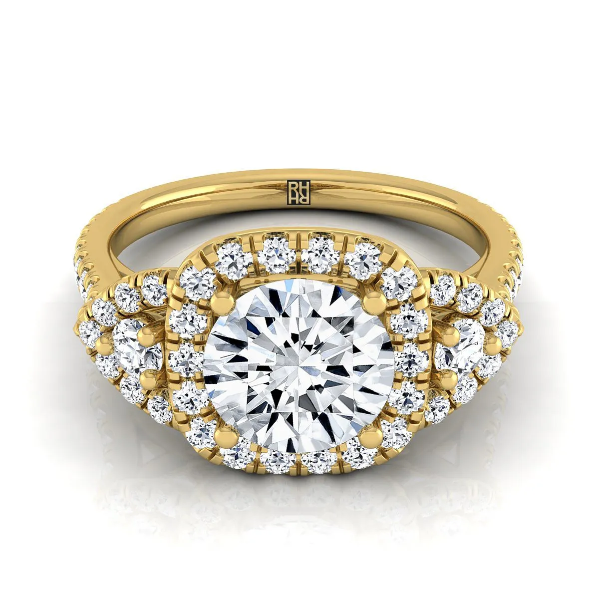14K Yellow Gold Round Brilliant Diamond Delicate Three Stone Halo Pave Engagement Ring -5/8ctw