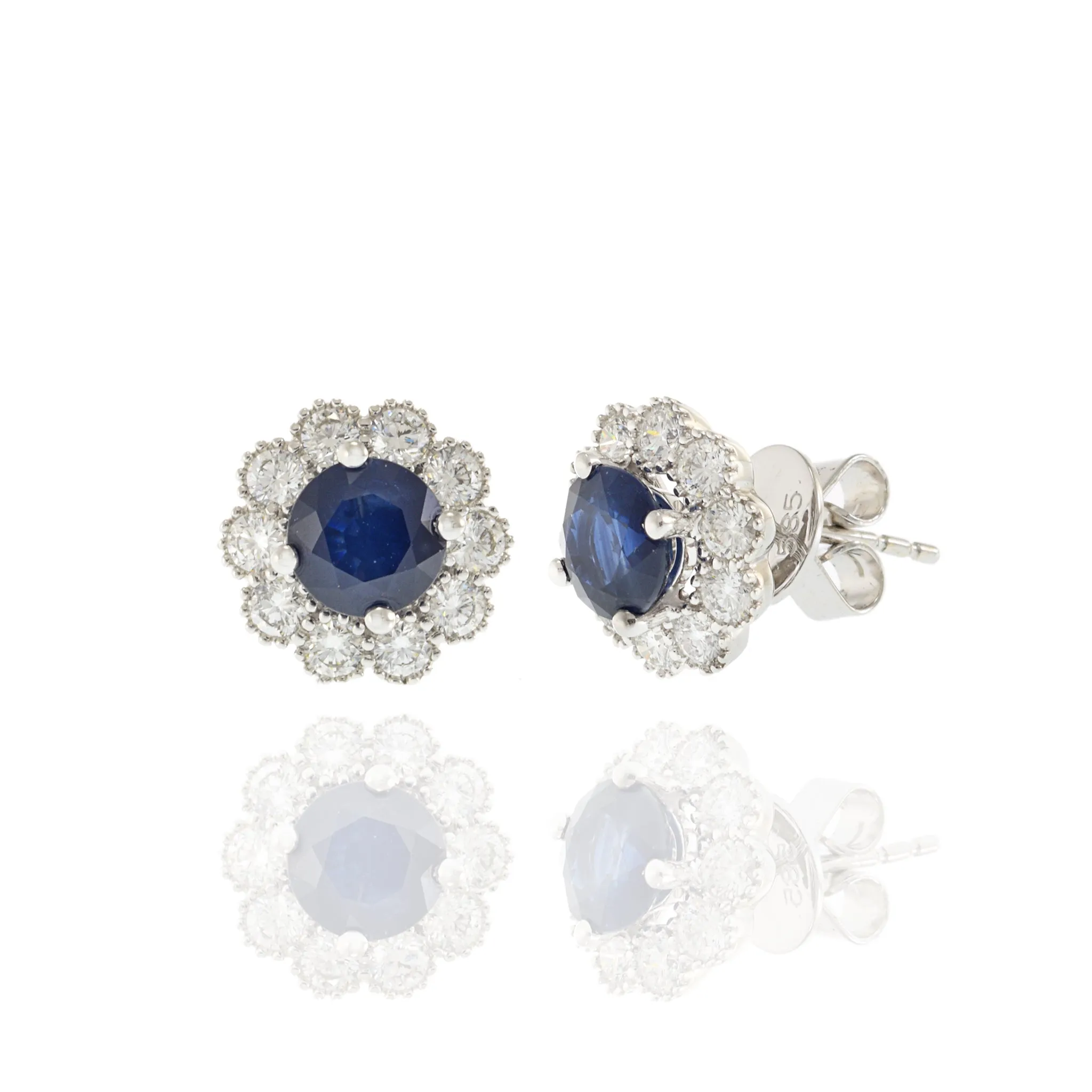 14KT White Gold Blue Sapphire and Diamond Halo Earrings
