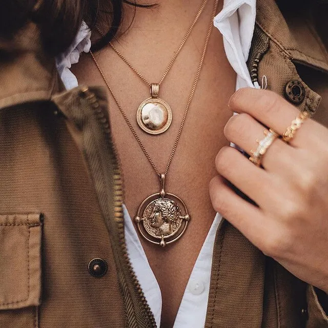 17KM Vintage Gold Round Necklaces Coin Necklaces For Women Girl Long Coin Pendant & Necklace 2019 Female Fashion Jewelry Gift