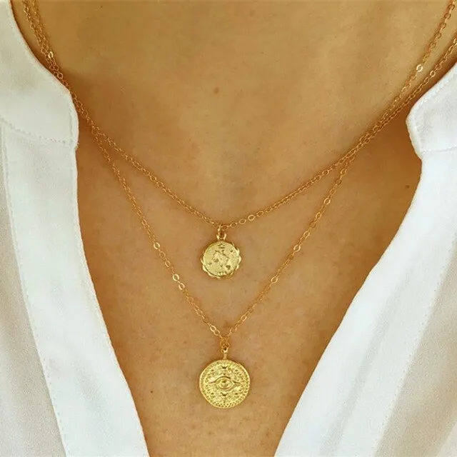 17KM Vintage Gold Round Necklaces Coin Necklaces For Women Girl Long Coin Pendant & Necklace 2019 Female Fashion Jewelry Gift