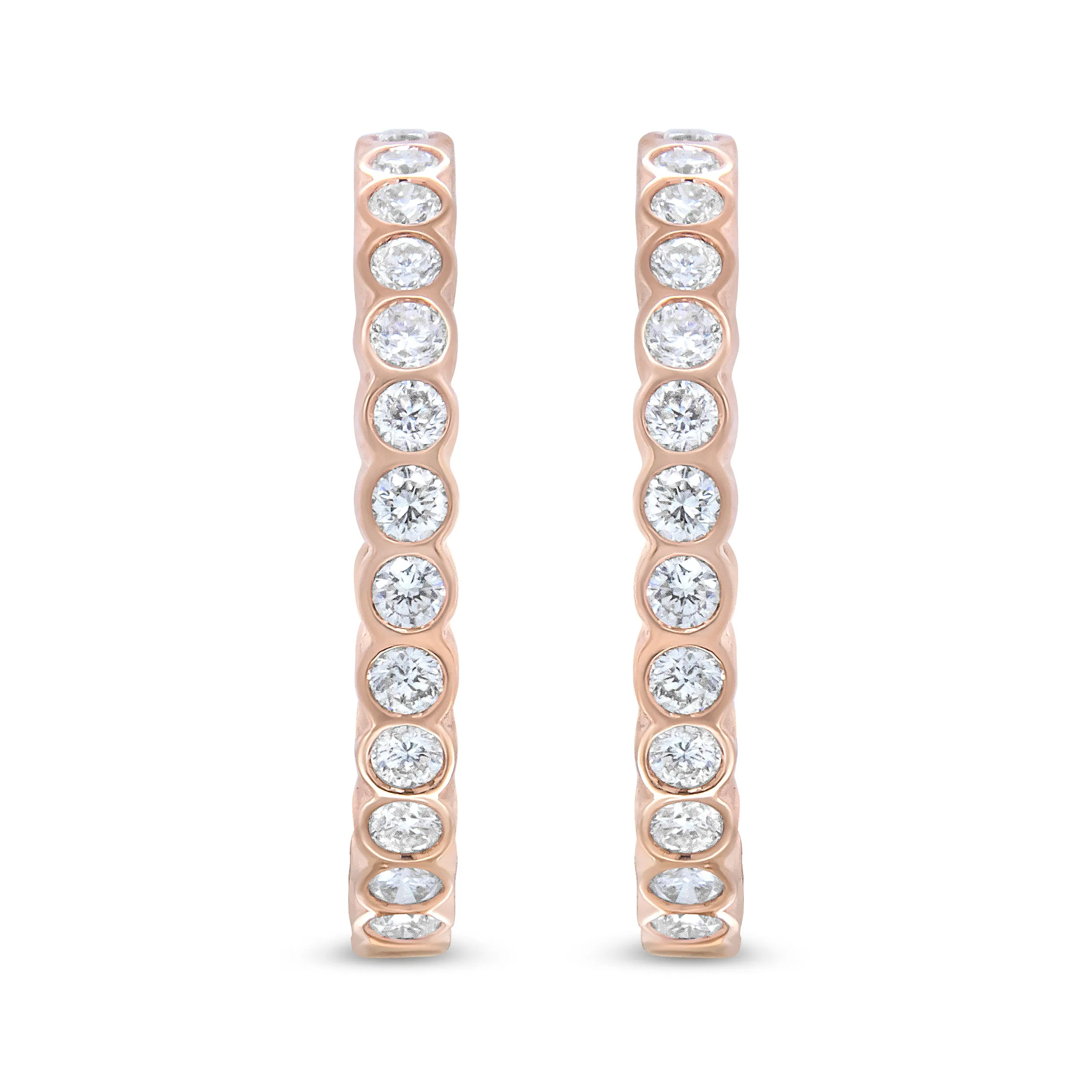 18K Rose Gold 1 Cttw Round Bezel-Set Diamond Hoop Earrings