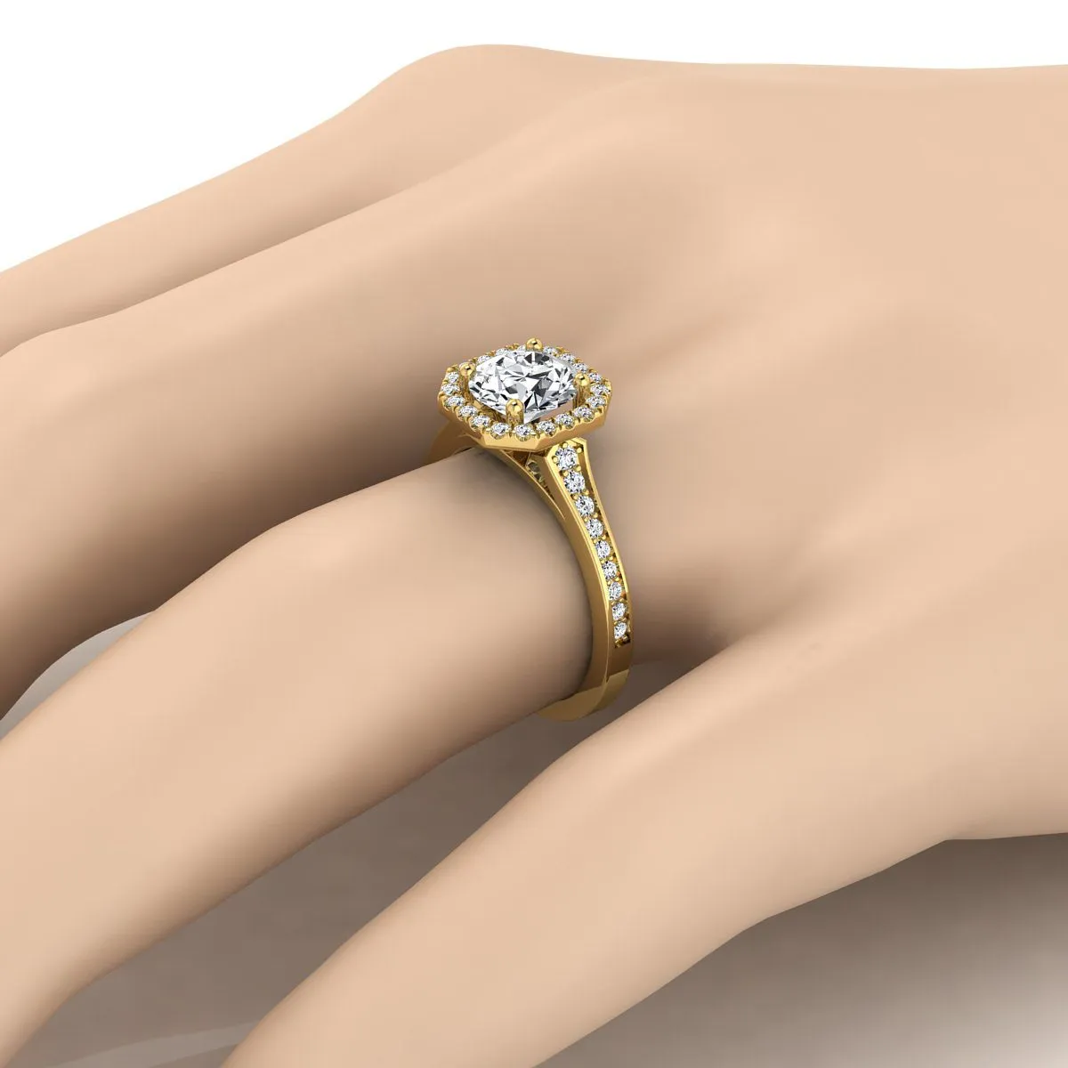 18K Yellow Gold Round Brilliant Diamond Classic Halo with Channel French Pave Engagement RIng  -1/3ctw