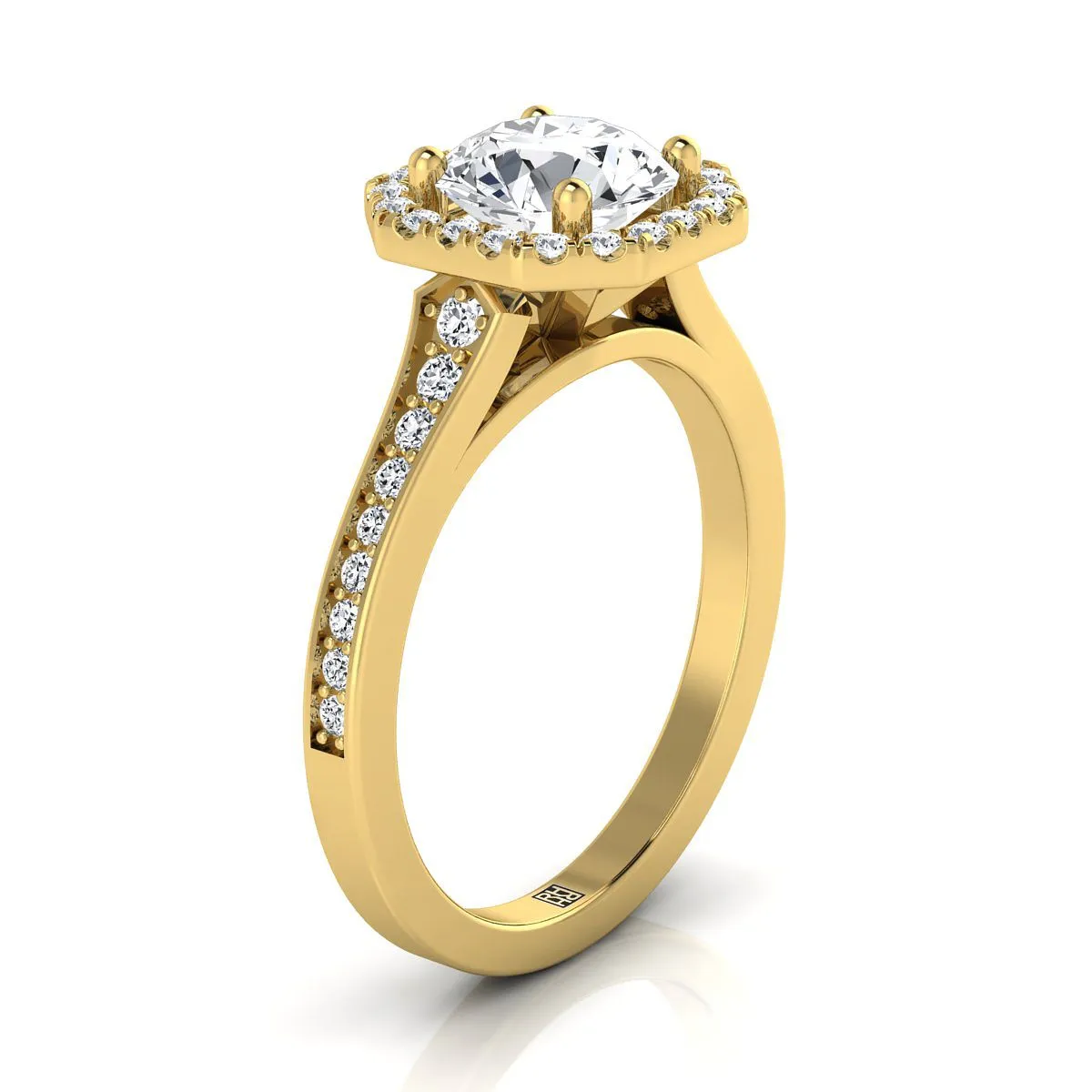 18K Yellow Gold Round Brilliant Diamond Classic Halo with Channel French Pave Engagement RIng  -1/3ctw