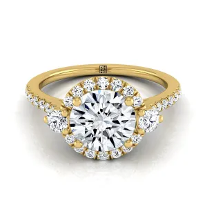 18K Yellow Gold Round Brilliant Diamond Three Stone Delicate Halo Engagement Ring -1/3ctw
