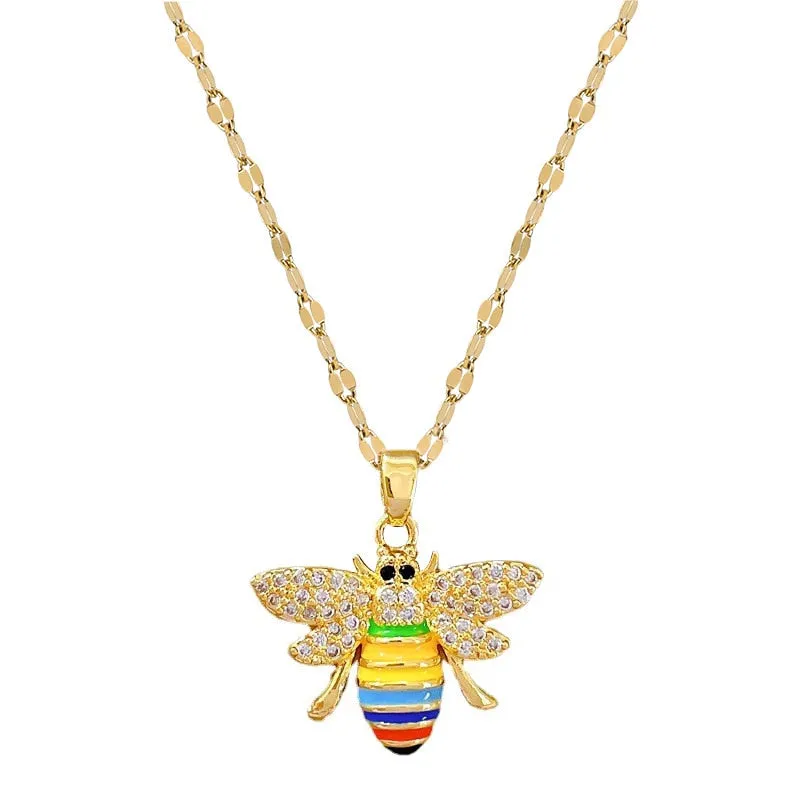 316L Stainless Steel Colorful Bees Pendant Necklace For Women