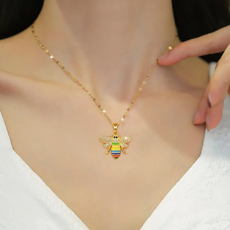 316L Stainless Steel Colorful Bees Pendant Necklace For Women