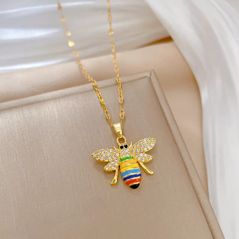 316L Stainless Steel Colorful Bees Pendant Necklace For Women