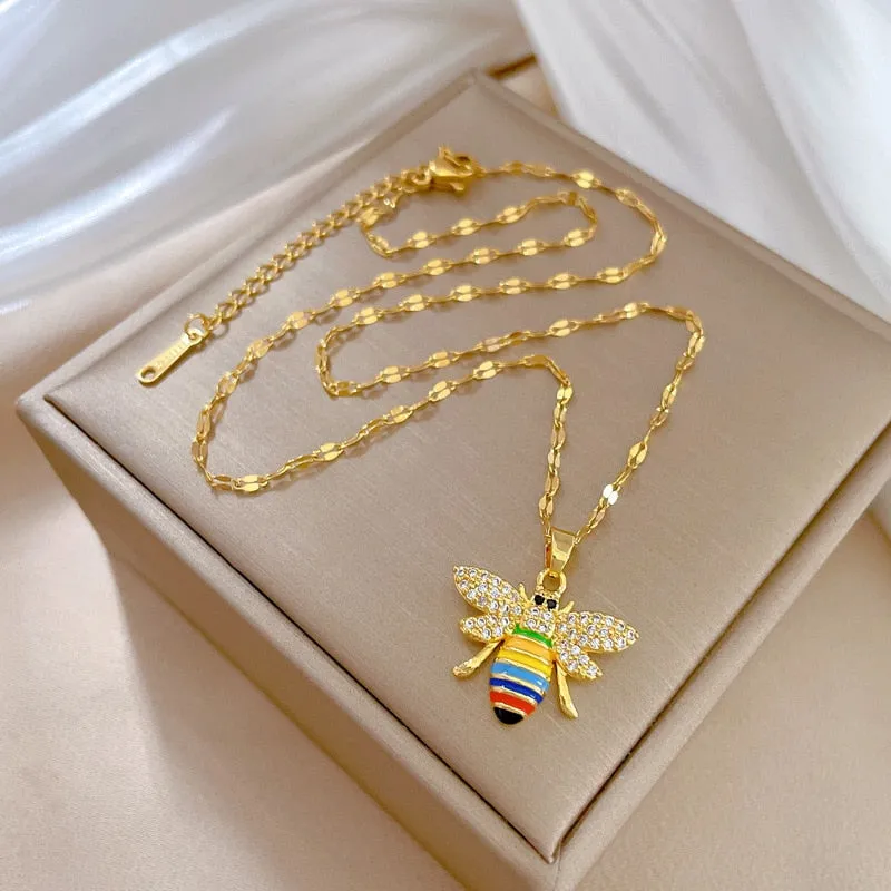 316L Stainless Steel Colorful Bees Pendant Necklace For Women