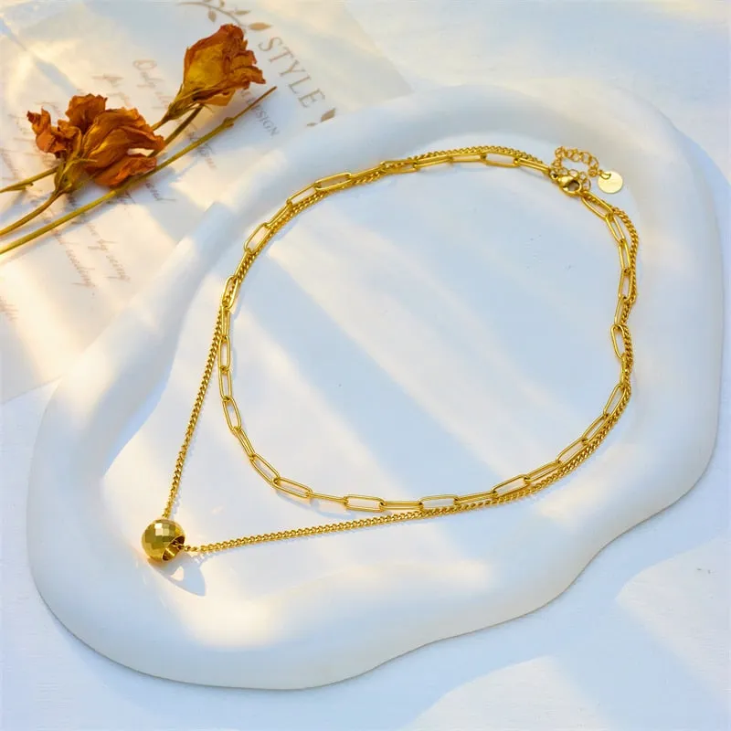 316L Stainless Steel Double Layer Round Bead Pendant Necklace For Women
