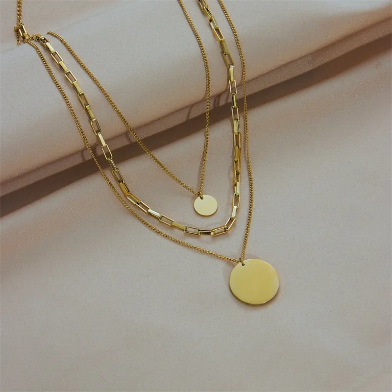 316L Stainless Steel Gold Color 3in1 Round Pendant Necklace For Women