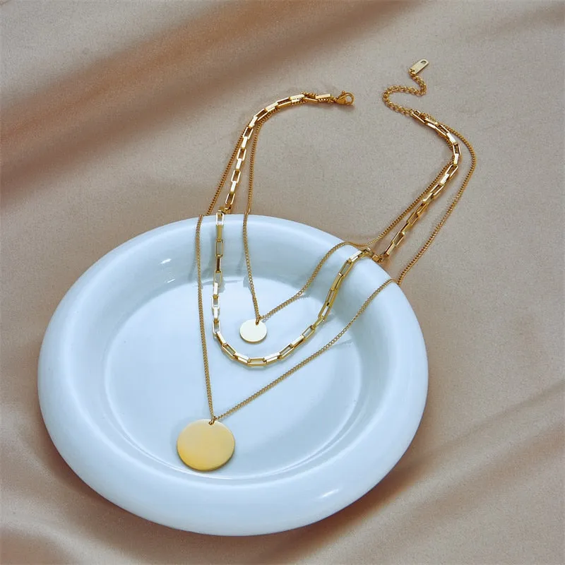 316L Stainless Steel Gold Color 3in1 Round Pendant Necklace For Women