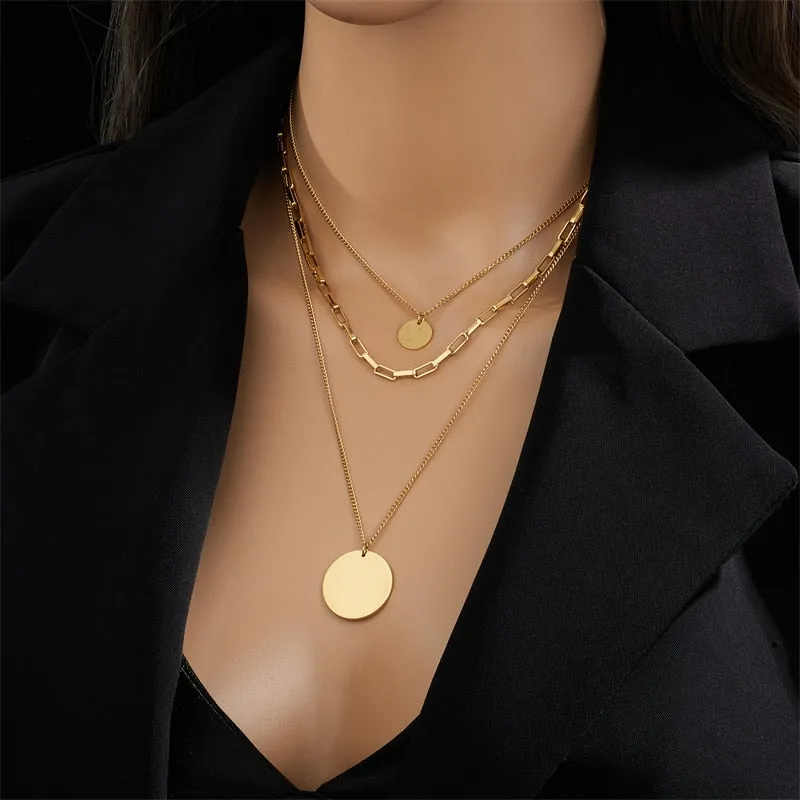 316L Stainless Steel Gold Color 3in1 Round Pendant Necklace For Women