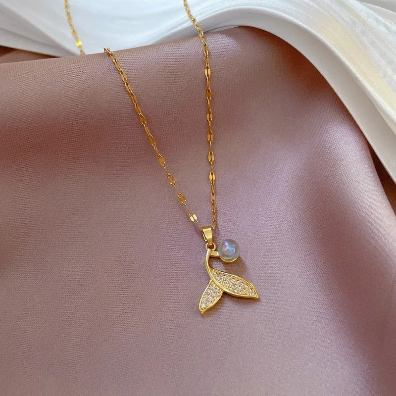 316L Stainless Steel Mermaid Tail Pearl Pendant Necklace For Women