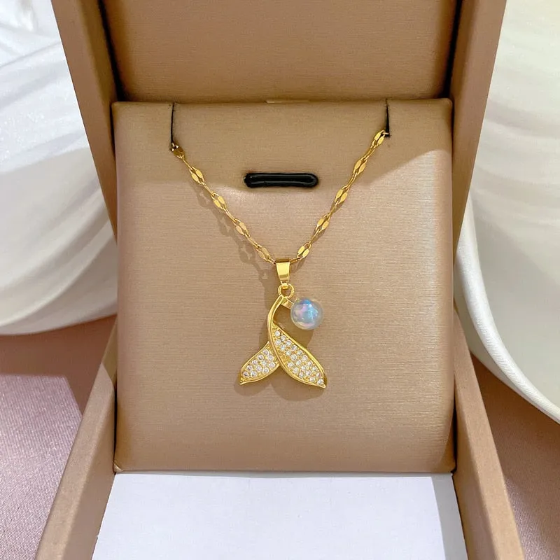 316L Stainless Steel Mermaid Tail Pearl Pendant Necklace For Women