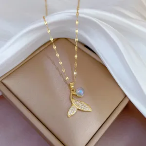 316L Stainless Steel Mermaid Tail Pearl Pendant Necklace For Women