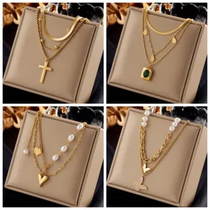 316L Stainless Steel Pearl Heart Butterfly Cross Pendant Necklace For Women