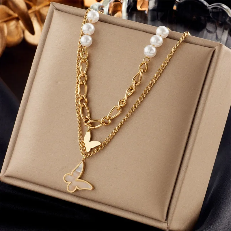 316L Stainless Steel Pearl Heart Butterfly Cross Pendant Necklace For Women