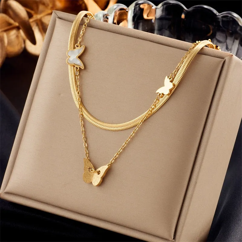 316L Stainless Steel Pearl Heart Butterfly Cross Pendant Necklace For Women