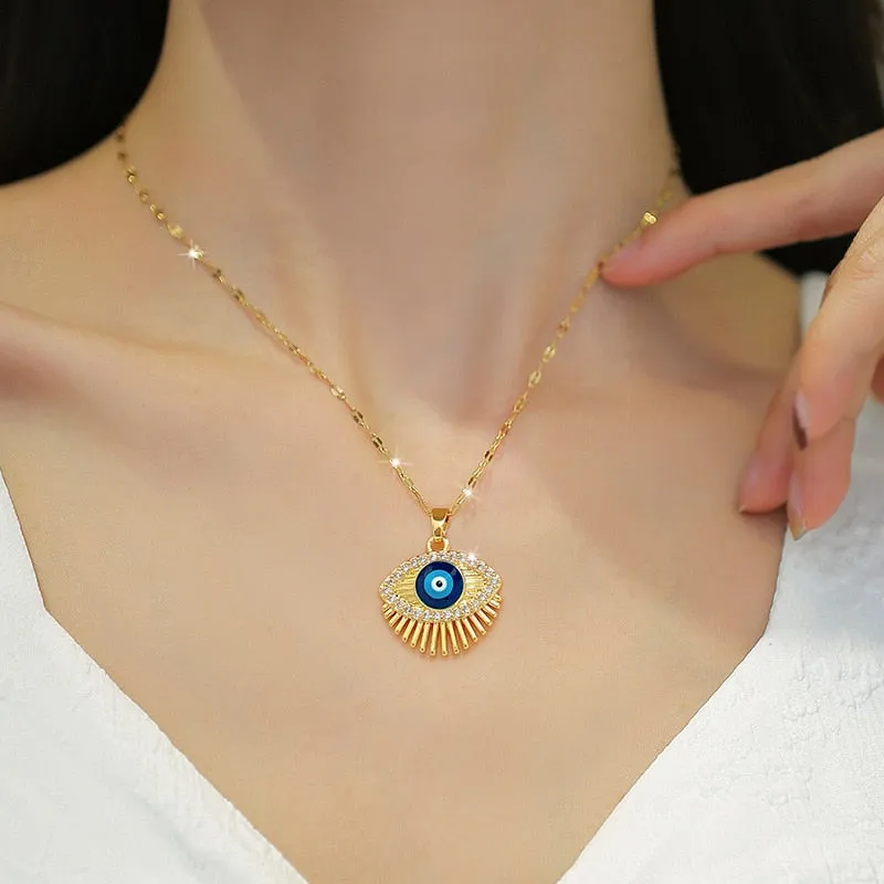 316L Stainless Steel Retro Blue Eye Pendant Necklace For Women