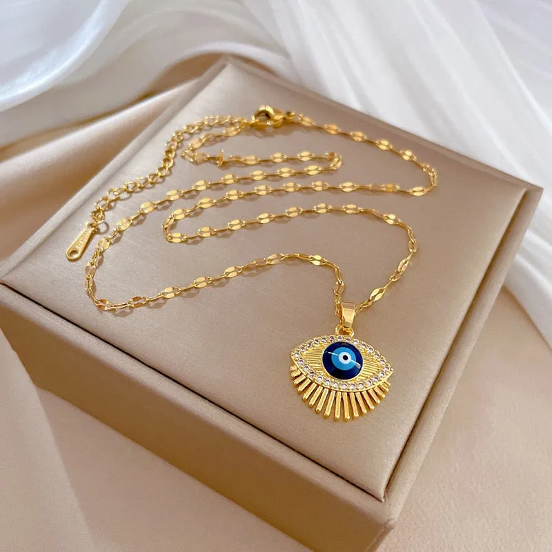 316L Stainless Steel Retro Blue Eye Pendant Necklace For Women