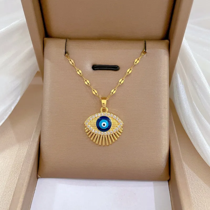 316L Stainless Steel Retro Blue Eye Pendant Necklace For Women