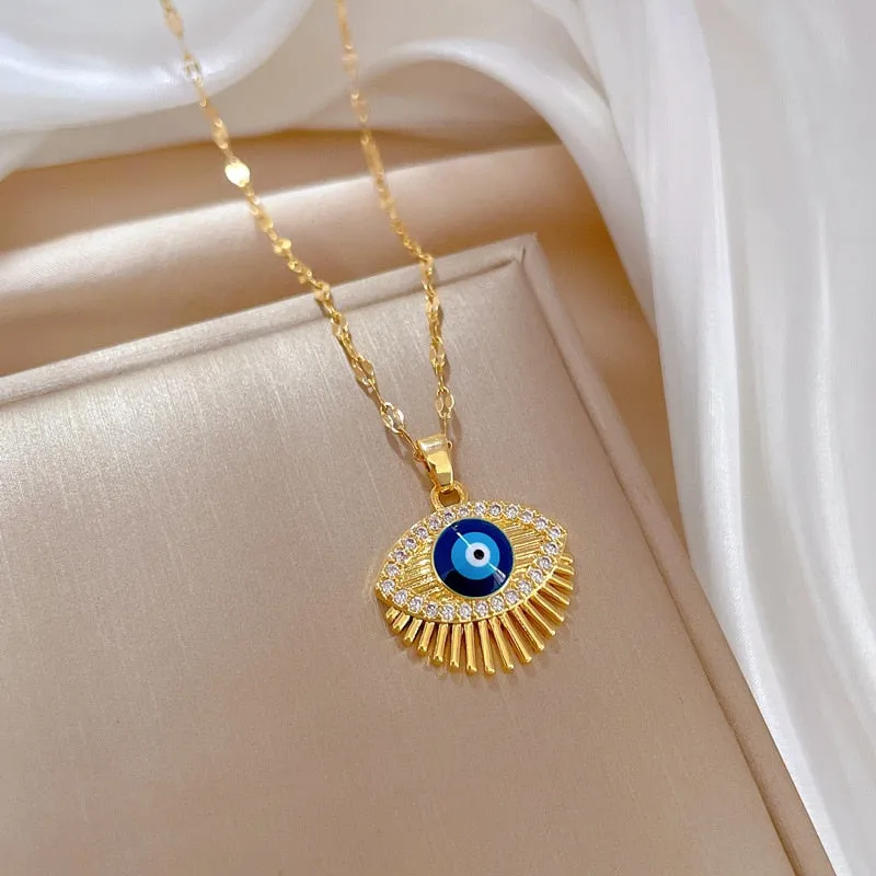 316L Stainless Steel Retro Blue Eye Pendant Necklace For Women