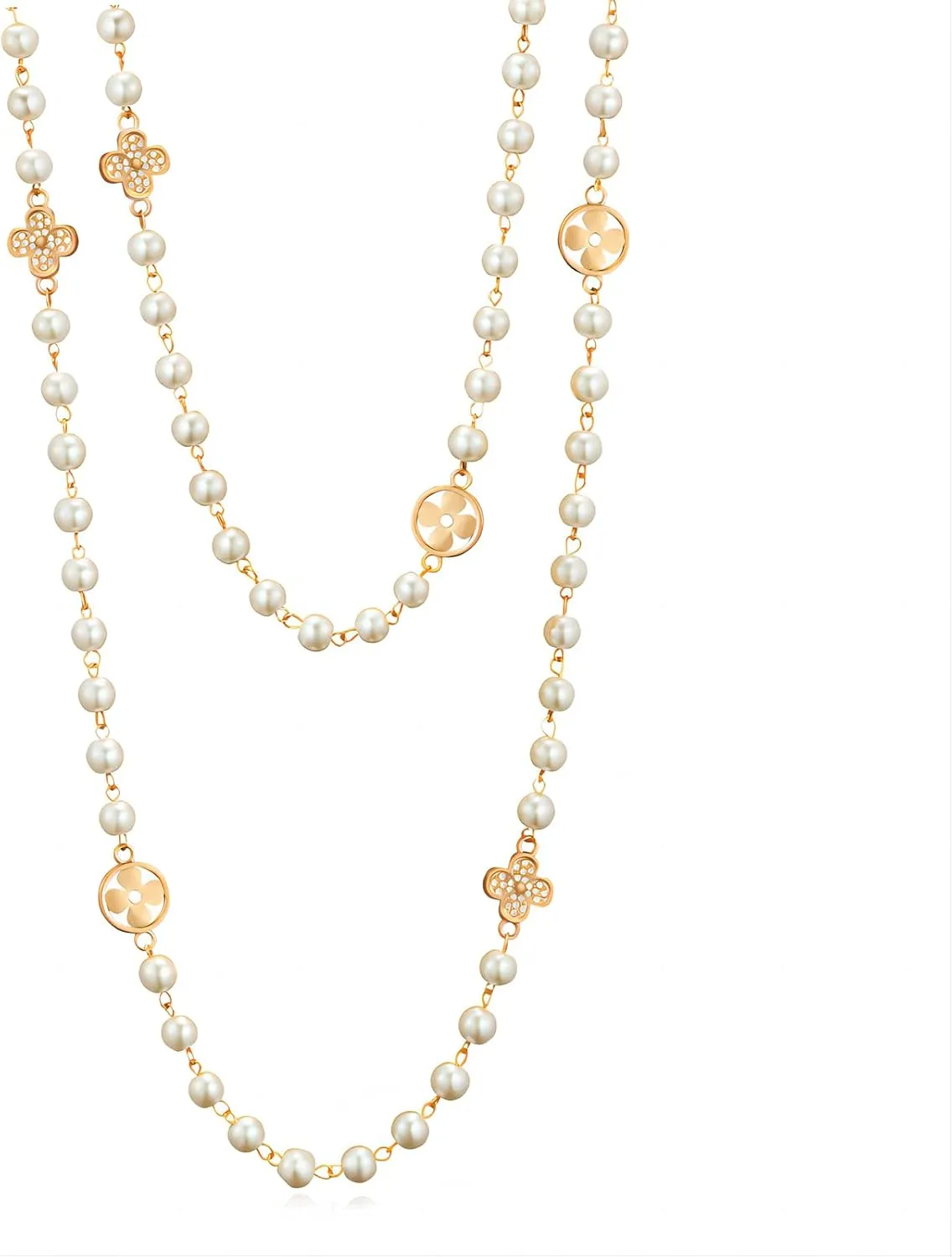 8MM Round Simulated Shell Pearl Strand Layered Necklace for Women, Dainty Multiple Strands Long Necklace for Party, Vintage Costume Jewelry