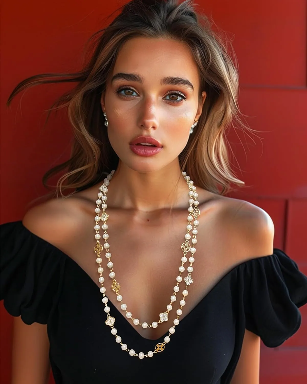 8MM Round Simulated Shell Pearl Strand Layered Necklace for Women, Dainty Multiple Strands Long Necklace for Party, Vintage Costume Jewelry