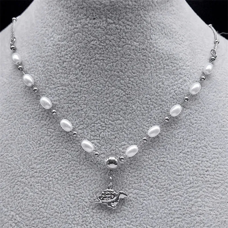 Aesthetic Horse Animal Pendant Necklace Stainless Steel Vintage Imitation Pearl Chain Necklaces