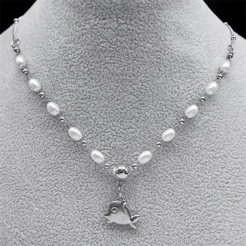 Aesthetic Horse Animal Pendant Necklace Stainless Steel Vintage Imitation Pearl Chain Necklaces