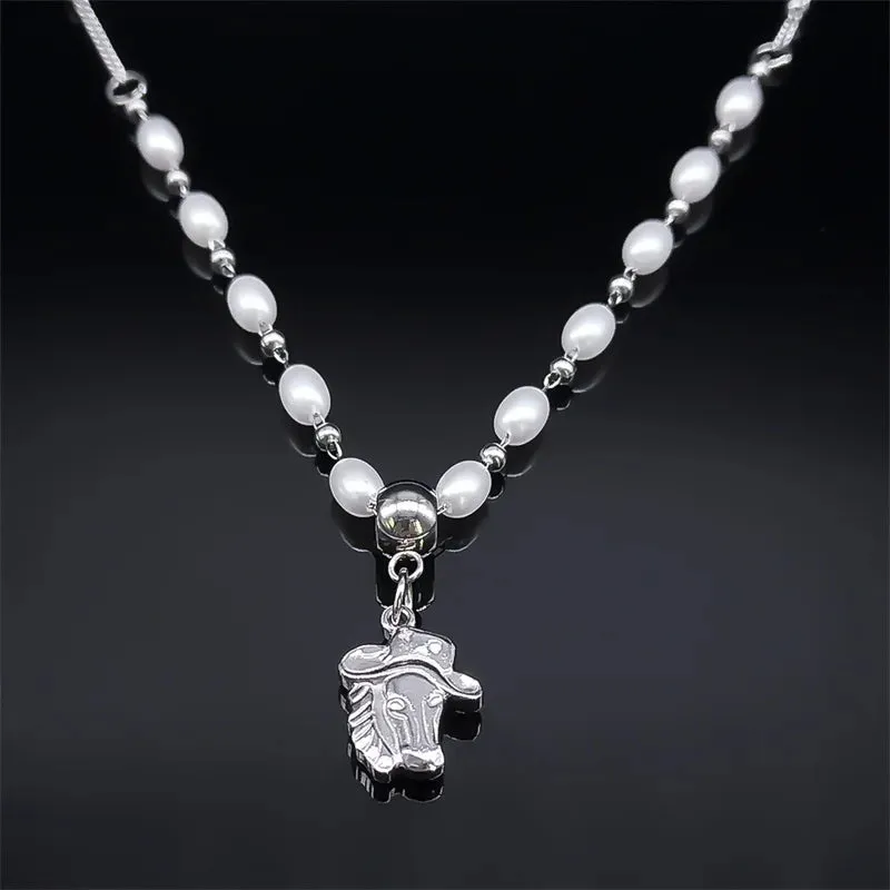Aesthetic Horse Animal Pendant Necklace Stainless Steel Vintage Imitation Pearl Chain Necklaces