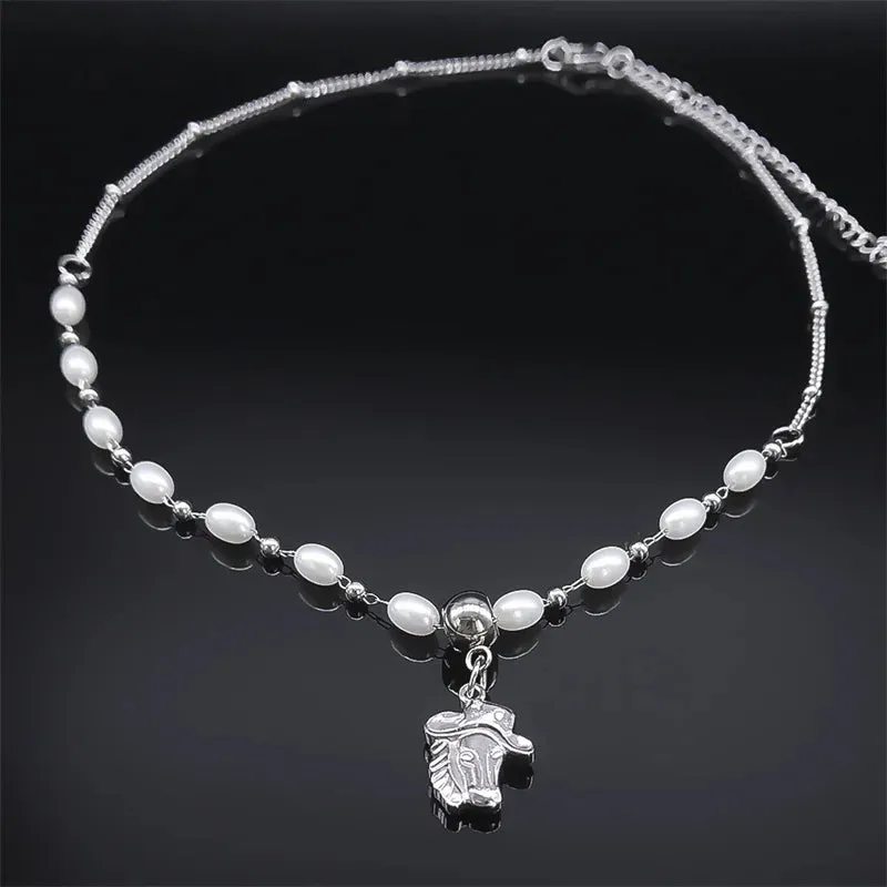 Aesthetic Horse Animal Pendant Necklace Stainless Steel Vintage Imitation Pearl Chain Necklaces