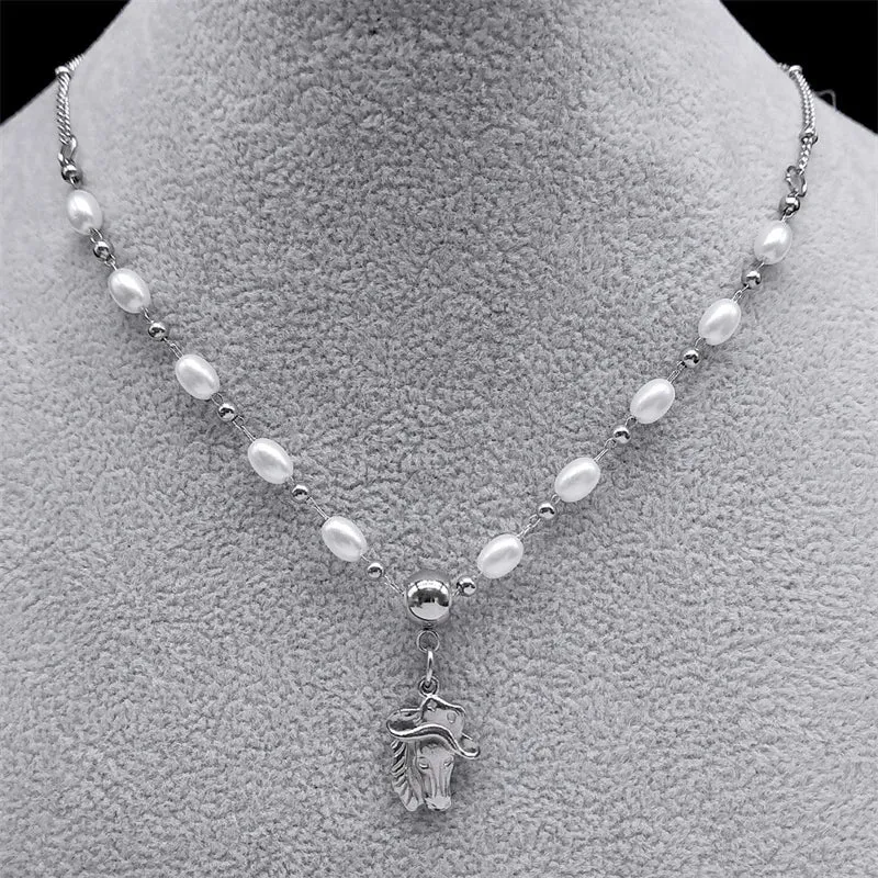 Aesthetic Horse Animal Pendant Necklace Stainless Steel Vintage Imitation Pearl Chain Necklaces