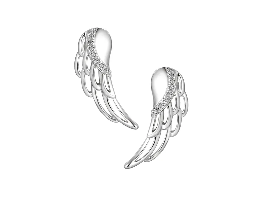 Amore Argento Sterling Silver Long Angel Wing Stud Earrings