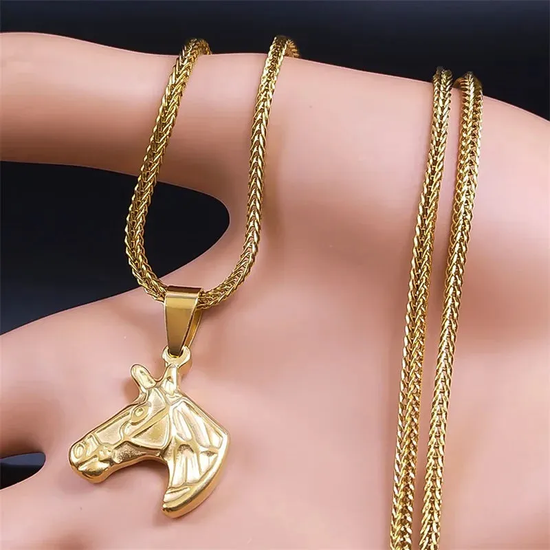 Animal Horse Head Pendant Necklace for Women/Men Stainless Steel Fox Tail Chain Necklaces