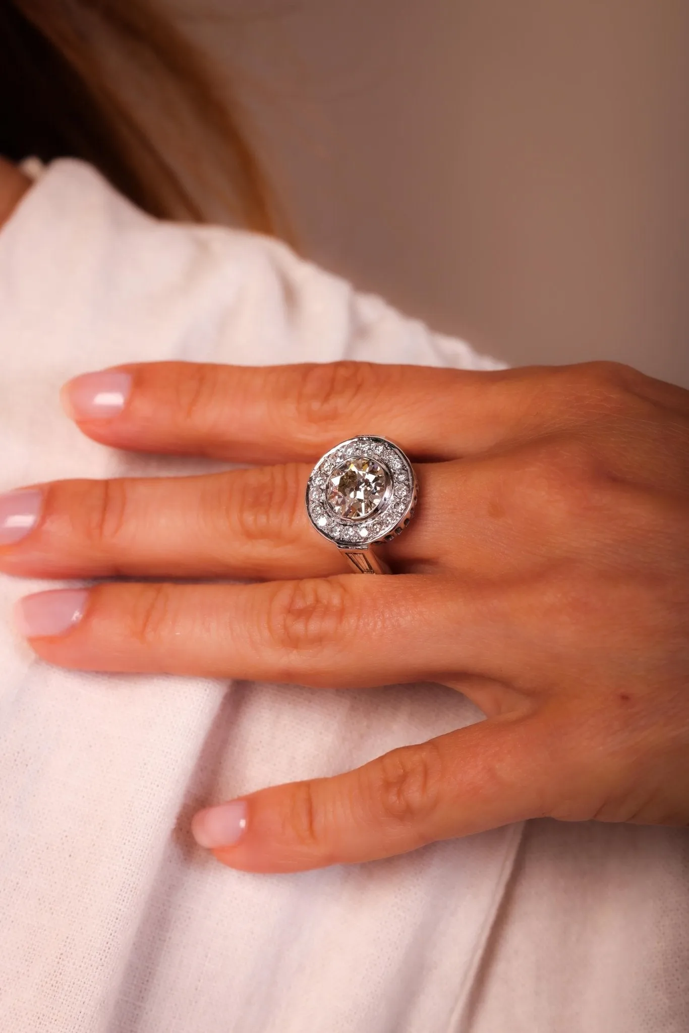 Art Deco Inspired GIA 3.10 Carat Old European Cut Diamond Halo Ring