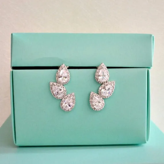 Art Deco Triple Cubic Zirconia Teardrops Bridal Stud Earrings, Asymmetrical CZ White Clear Crystal Wedding Earrings, Bridesmaid Earrings