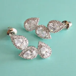 Art Deco Triple Cubic Zirconia Teardrops Bridal Stud Earrings, Asymmetrical CZ White Clear Crystal Wedding Earrings, Bridesmaid Earrings