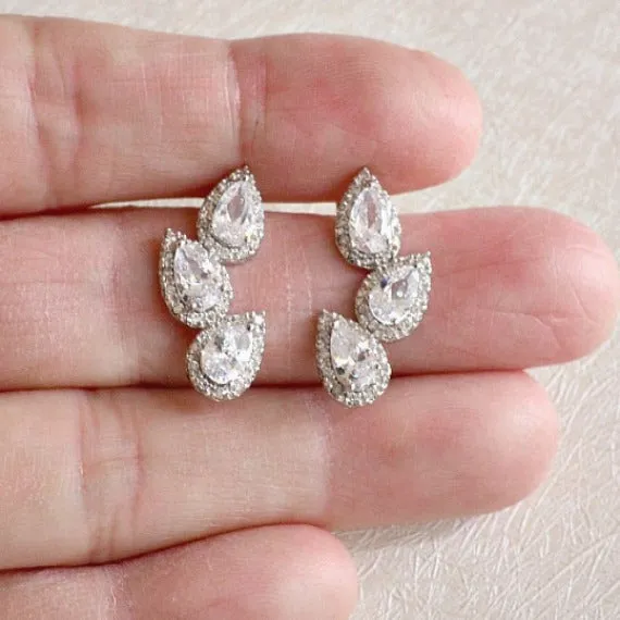 Art Deco Triple Cubic Zirconia Teardrops Bridal Stud Earrings, Asymmetrical CZ White Clear Crystal Wedding Earrings, Bridesmaid Earrings