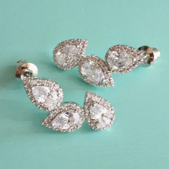 Art Deco Triple Cubic Zirconia Teardrops Bridal Stud Earrings, Asymmetrical CZ White Clear Crystal Wedding Earrings, Bridesmaid Earrings